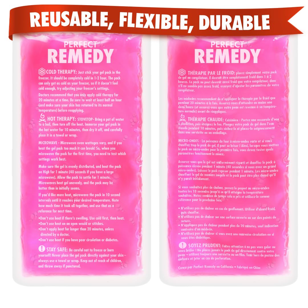 Perfect Remedy 2-Pack Gel Ice Packs for Injuries, Soft and Flexible Hot & Cold Compress, Soothing Ice Packs Aid for Sprains, Strains & Soreness conditions, Alternative to Hot Water Bottles (Pink, Reg)