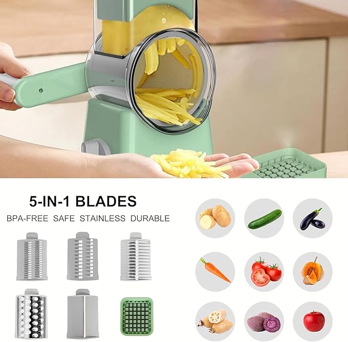 Rotary Cheese Grater, 6-in-1 with 6 Shredder Mandoline Food Chopper with Dicing Blade with Stainless Steel Slicer Blades,Easy to Use & Clean Green