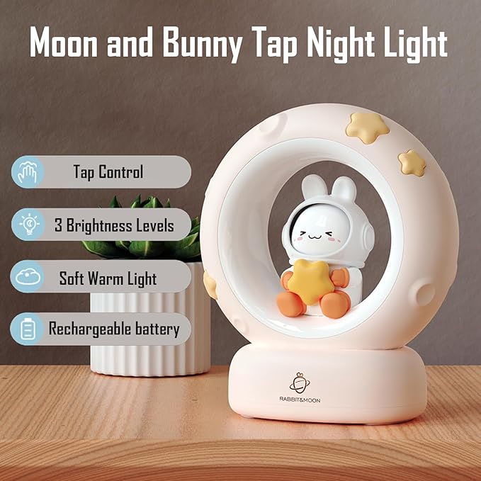 Moon and Bunny Rechargeable Night Light, Safe PVC and ABS Material, 3 Brightness Levels, Tap Control, Warm Light, Toddler Sleeping Lamp, Bedroom Night Lamp, Gift for Baby and Kid (Moon and Bunny)