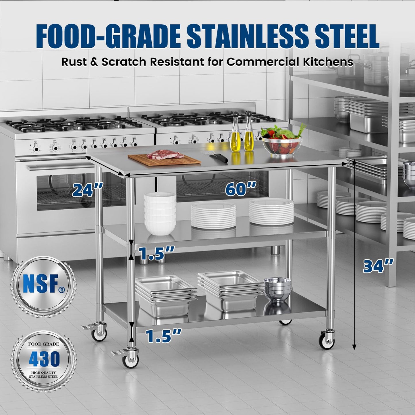 Chingoo Stainless Steel Work Table with Wheels, 24x60 Inch NSF Food Prep Table with Backsplash & 2 Adjustable Undershelves for Commercial Kitchen, Restaurant, Garage
