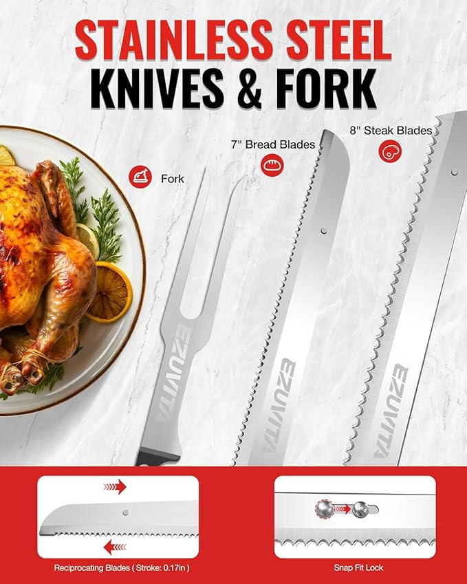 8V Cordless Electric Knife Set, Rechargeable Electric Carving Knife with Reciprocating Stainless Steel Blades for Meat & Bread, Fork Included, Equipped with interchangeable 2000mAh Large Capacity Battery, Ergonomic Handle and Safety Lock for Turkey, Me...