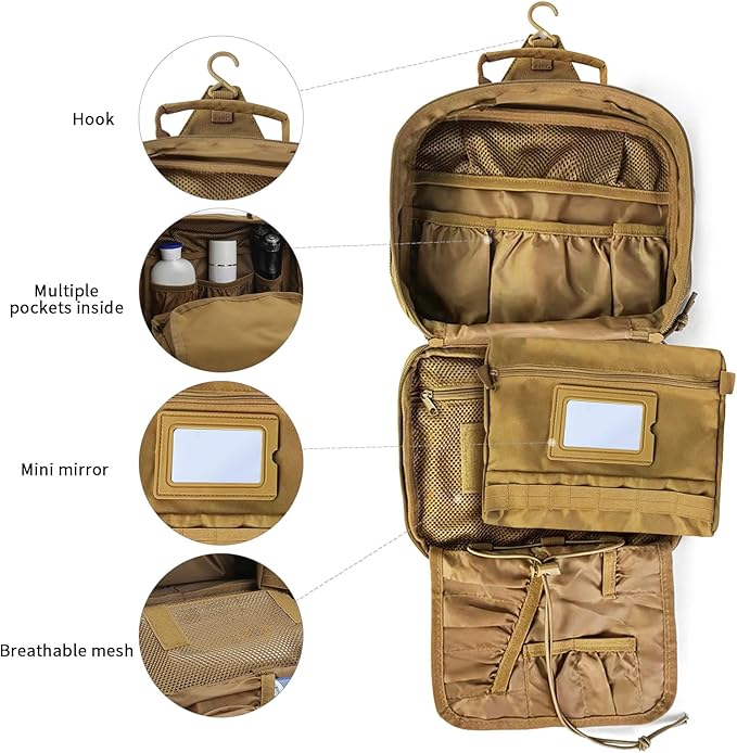 SUNRISING Tactical Toiletry Bag for Men Hanging Travel Toiletries Organizer Dopp Kit Toiletry Bags Shaving Hygiene Bag, Durable Bathroom Essentials Men's Toiletry Bag for Short Trips Camping - Khaki