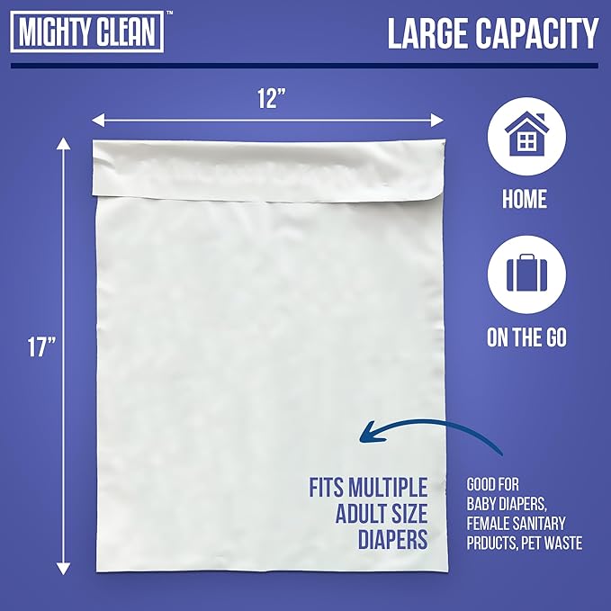 Mighty Clean Extra Large Adult Diaper Disposable Bags - 30 Bags | Leak-Proof, Odor Sealing, Tear Resistant | Discreet for Diapers, Incontinence Pads, Sanitary Product Disposal | Durable and Unscented