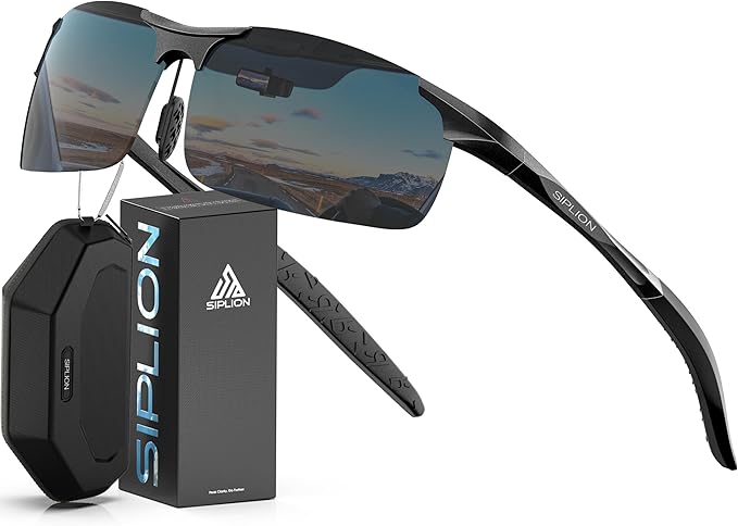 SIPLION Polarized Sunglasses Men Sports: UV Protection Ultra Light Al-Mg Metal Frame Ideal For Driving Fishing Running Golf