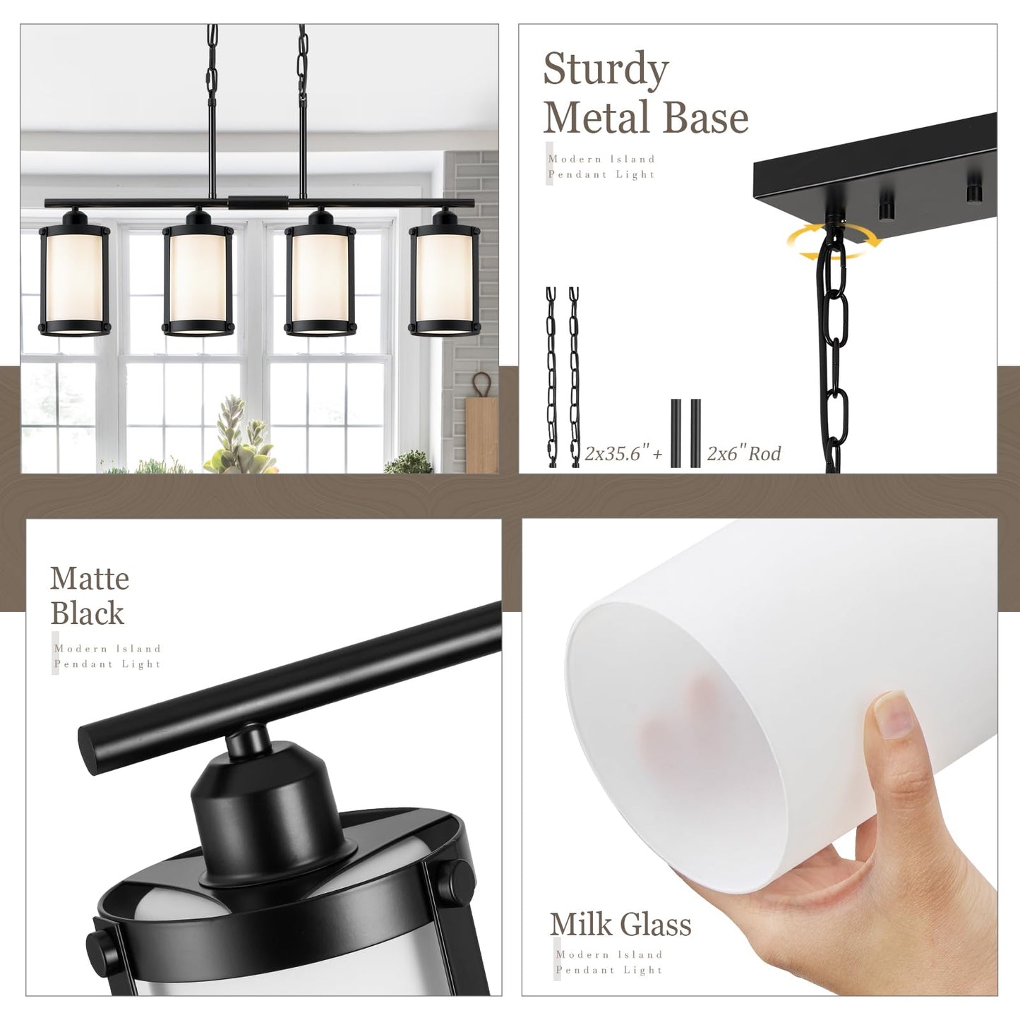 Osimir 4-Light Kitchen Island Lighting  Black Linear Dining Room Light Fixtures With Frosted Glass And Chain  Modern Farmhouse Chandelier Pendant Light For Kitchen Island Dining Room  Os-3014-4Isbkw