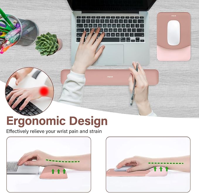 MOSISO Wrist Rest Support for Mouse Pad&Keyboard Set, Rectangular Ergonomic Mousepad Non-Slip Base Home/Office Pain Relief&Easy Typing Pad with Neoprene Cloth&Raised Silicone Lining, Salmon Pink