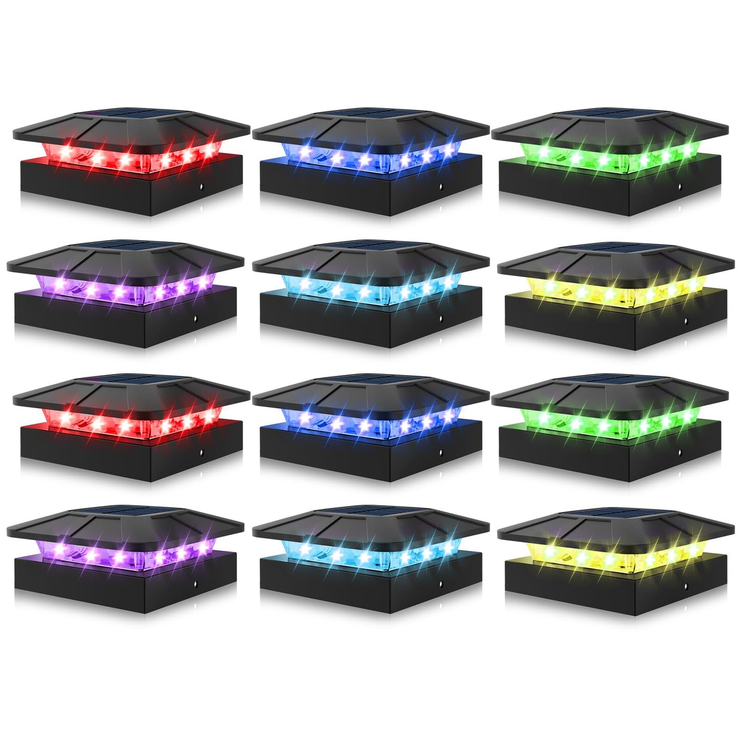 Peasur 4X4 Solar Post Cap Lights Outdoor Rgb Color Changing  12 Pack Led Post Top Light Solar Powered Waterproof  Wood/Vinyl Posts Lighting For Outside Fence Deck Porch Yard Railing Mailbox
