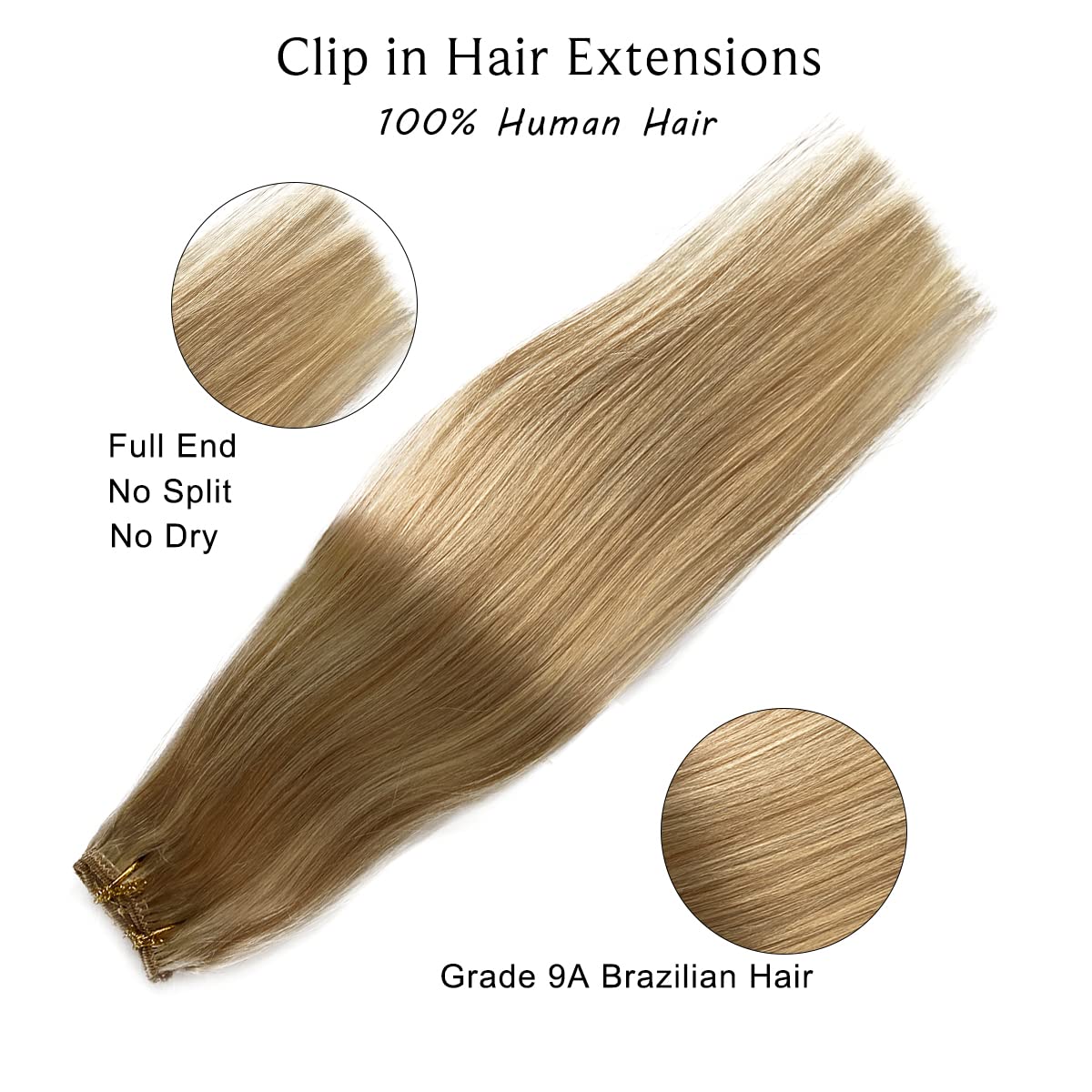 Labetti Clip in Human Hair Extensions with Blonde Highlights 7 Pieces 70g Silky Straight Weft Remy Real Hair (20 inches, #27-613