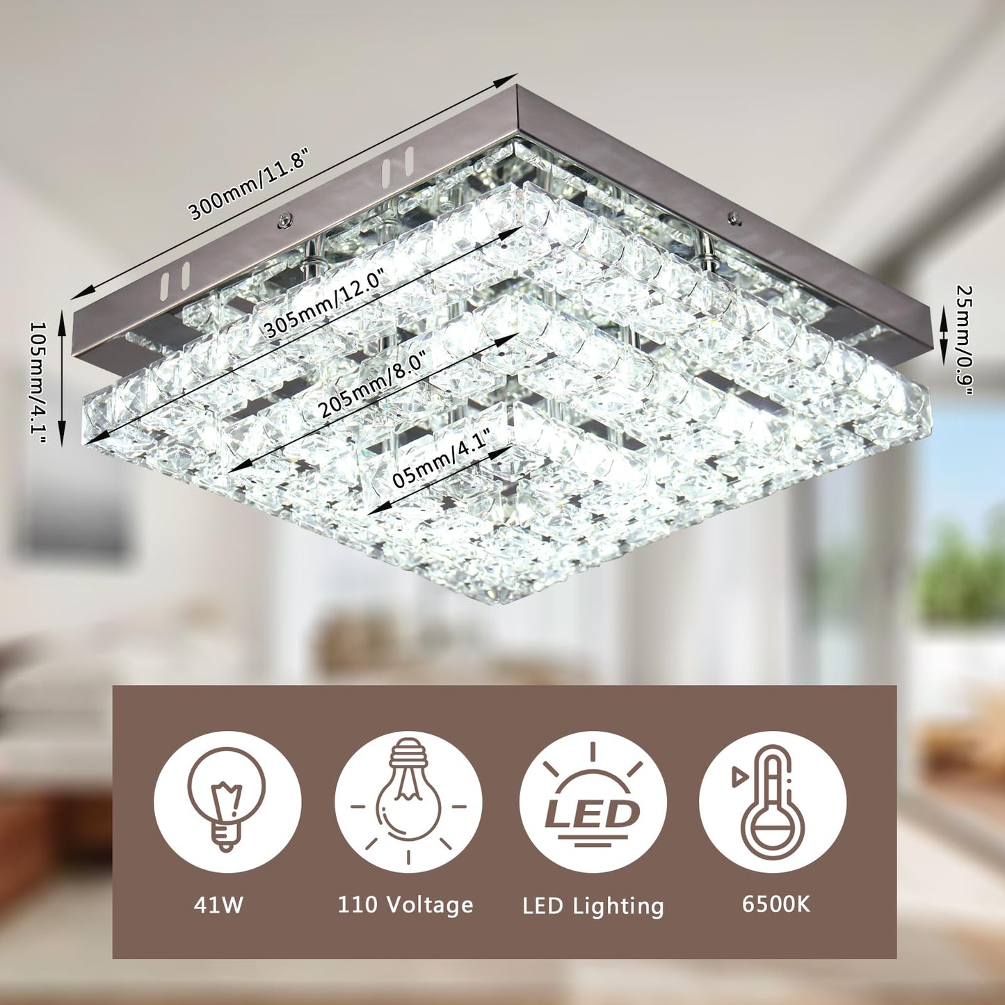 Cainjiazh LED Crystal Flush Mount Chandelier 11.8in Square Ceiling Light Cool White Stainless Steel for Bedrooms Hallway Kitchen Office
