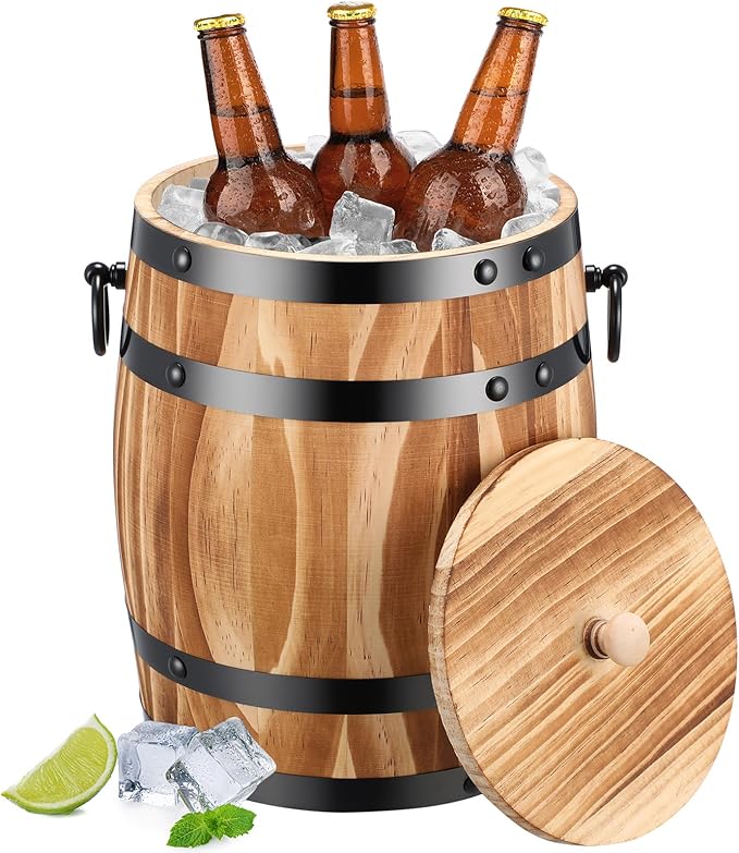 Honeydak Ice Bucket Wooden Barrel with Lid 1.5l Stainless Steel Interior Food Container with Handles for Cocktail Bar Part...