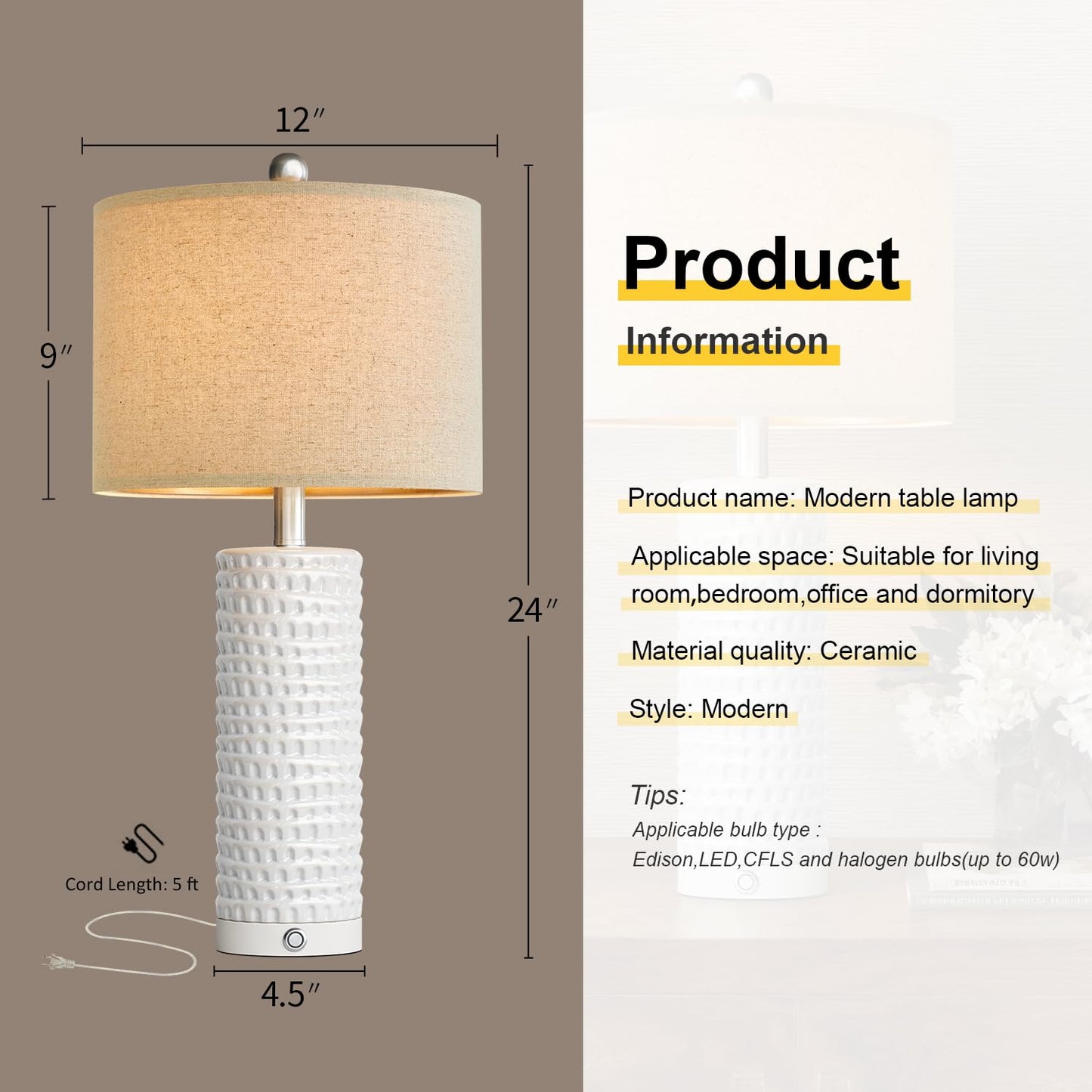 PORTRES 24in Ceramic Touch Table Lamp Set of 2, Dimmable, USB Charging Ports, White, Model AMZ-T1062WH-TU
