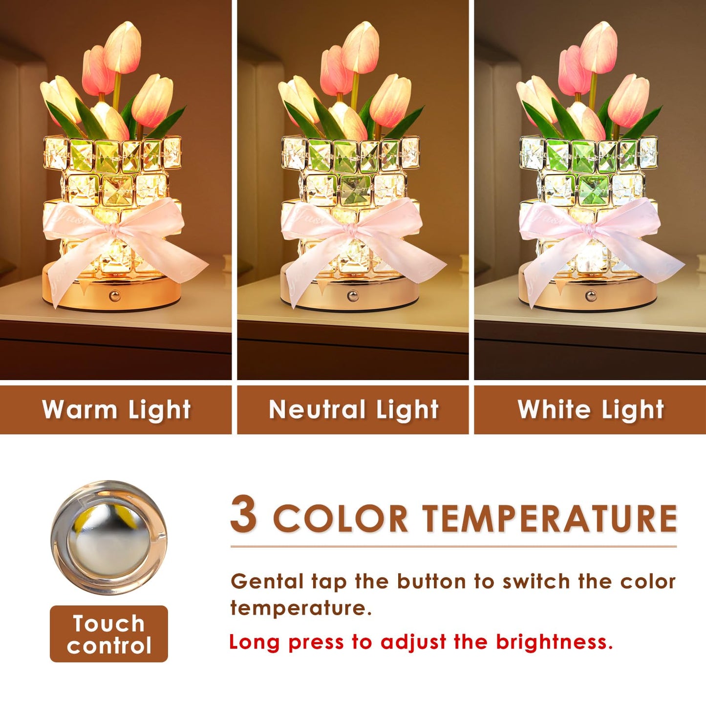 Tulip Flower Lamp Gifts For Women: Rechargeable Cordless Touch Crystal Table Lamp  Battery Powered Small Night Light  Mothers Day Birthday Present For Mom Grandma  Kitchen Bedroom Office Decor