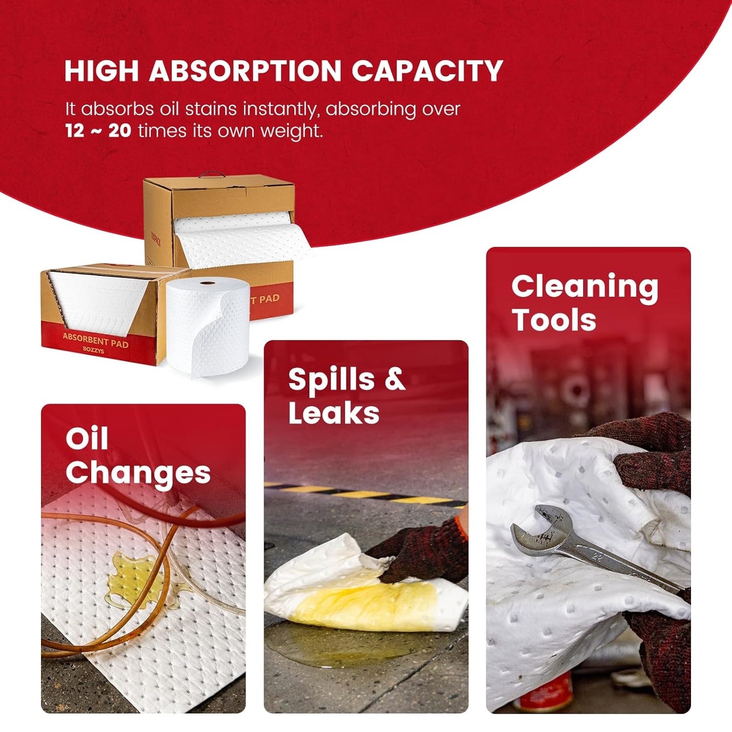 Oil Absorbent Pads Roll | 16"x20" Oil-Only Spill Mat 100-Pack | Industrial Spill Control for Oil & Fuel(24 Gal/Box) | Repels Water Absorbing Rolls