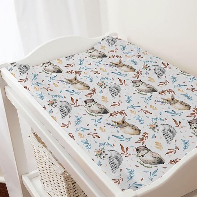 Watercolor Owl Flowers Leaves Changing Pad Cover Diaper Cute Owl Birds Floral Changing Table Cover Sheets for Boys Girls Soft Breathable Stretchy Diaper Changing Pad Mat Cover Sheets 32''x16''