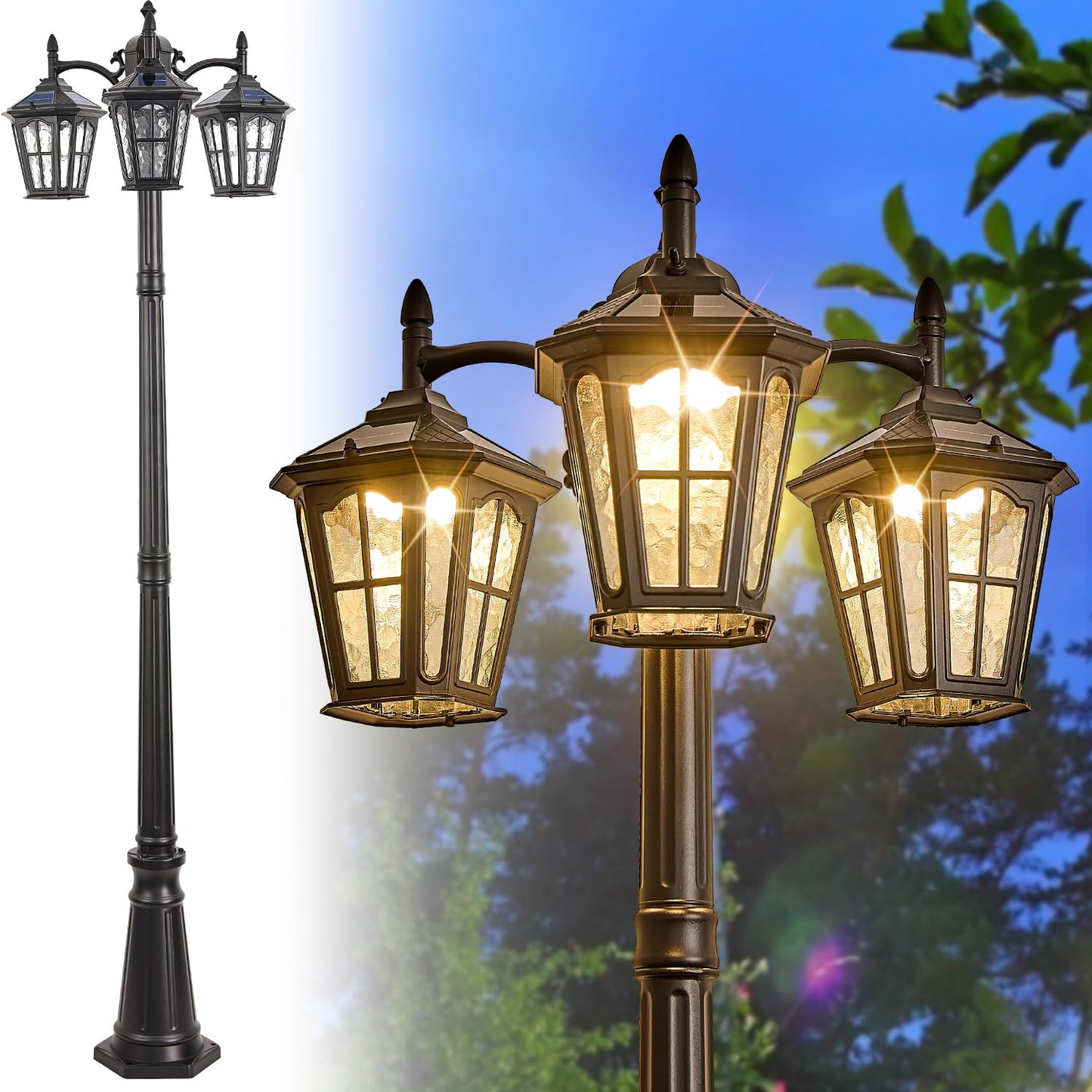 Gydz 3-Head Solar Outdoor Street Light With Dusk To Dawn Sensor  Aluminum Exterior Pole Light With Water Ripple Glass  Classic Waterproof Black Solar Lamp Post Lights For Backyard  Garden  Driveway