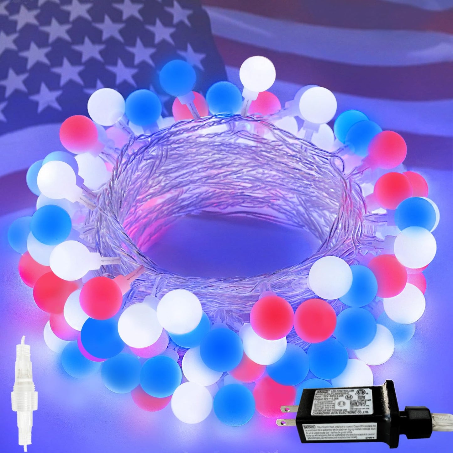 LORRYTE Connectable String Lights 100 LED Waterproof 42FT Red White Blue, 13 Modes with Timer for Indoor Outdoor Use