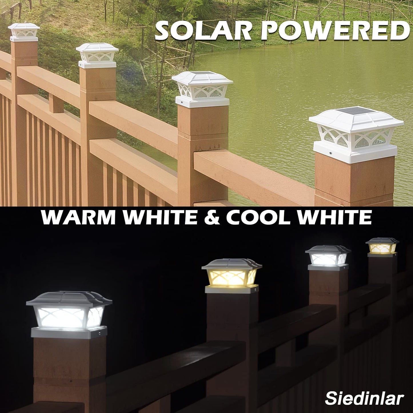 SIEDiNLAR Solar Post Cap Lights, 8 LEDs, 2 Color Modes, Glass, 6 Pack, White, Model SD012W-6PK