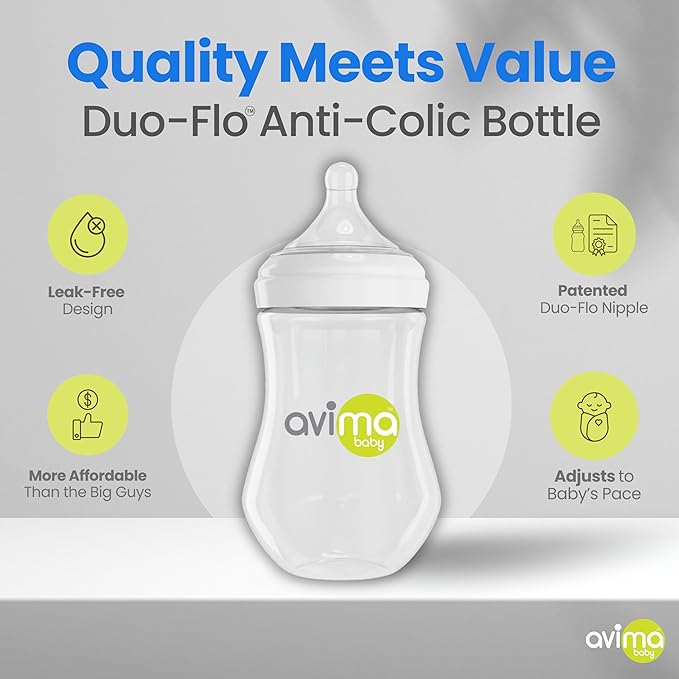 Avima Baby 9 oz Anti Colic Baby Bottles for Breastfed Babies - Medium Flow Nipples, Wide Neck Bottle, BPA Free - 3-6 Months, Stage 2 (Set of 3)