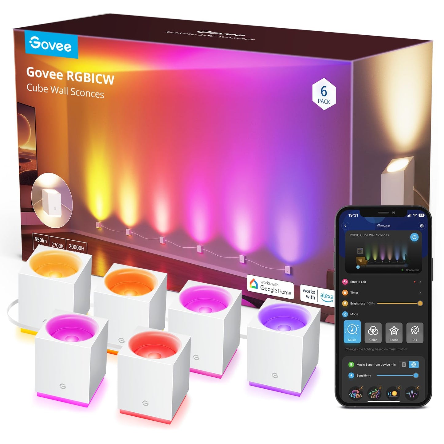 Govee Cube Wall Sconces RGBIC LED Light Fixture, WiFi Smart, Color Changing, Music Sync, Model H6088, White