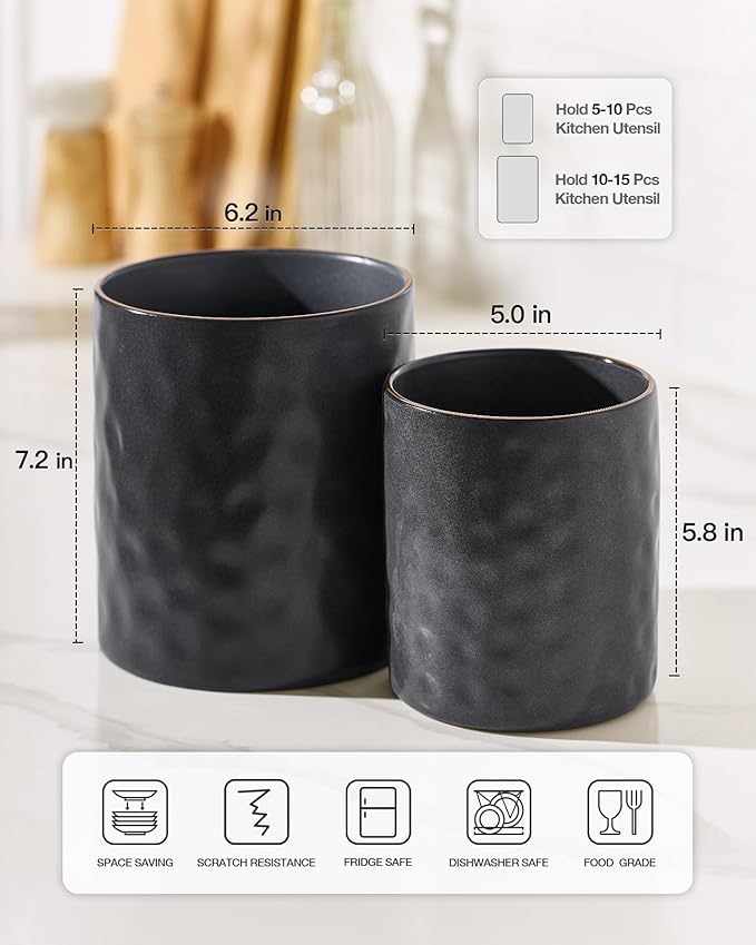 famiware Ocean Utensil Holder, 7.2"+5.8" Ceramic Kitchen Utensil Holder for Countertop, 2 Pieces Cooking Utensil Crocks, Utensil Organizer for Spatula & Spoon, Kitchen Decor, Set of 2, Matte Black