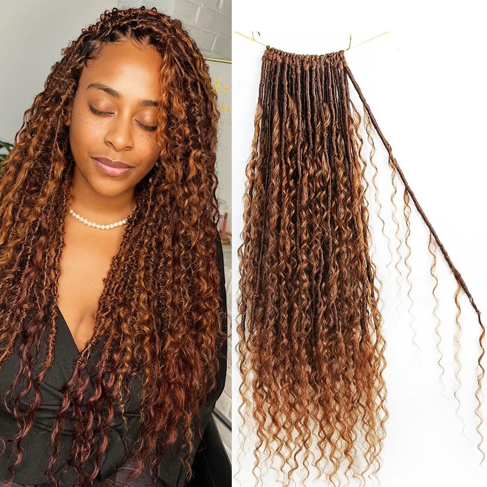 Pre-looped Light Auburn Crochet Dreadlocks with Human Hair Curls #30 Color Honey Blonde Crochet Boho Locs Hair 22 Inch 48 Strand