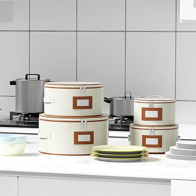 Aokeyee 4-Pack Hard Shell Dish Storage Containers with 48 Non-Woven Pads – For Plates, Dinnerware & China - Ideal for Moving & Protection, Ivory