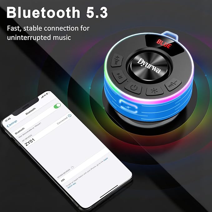 Certified IPX7 Waterproof Shower Bluetooth Speaker, Portable Shower Speaker Loud Clear Sound with Suction Cup, Wireless for Bathroom, Hook Clip, Built-in Mic, 10H Playtime, Great Gift Idea