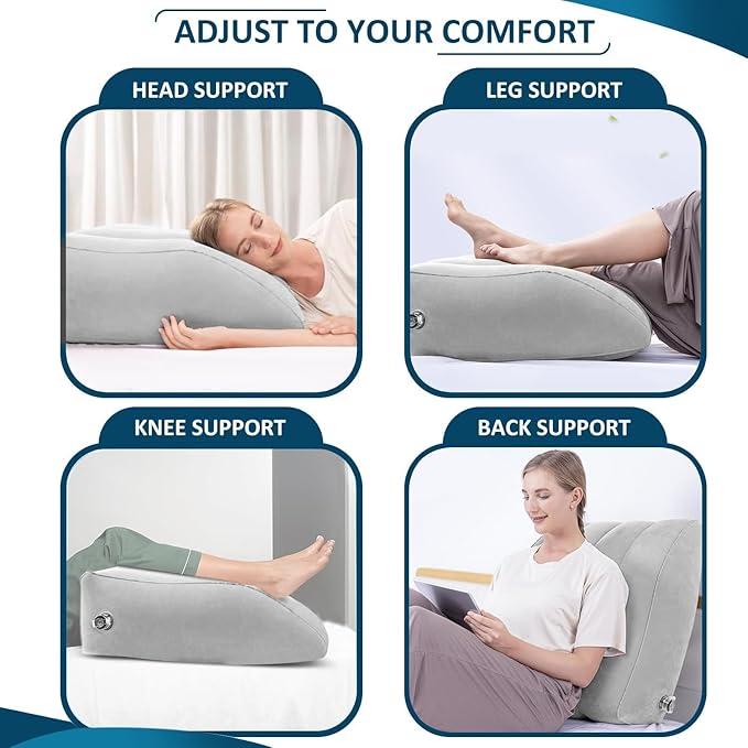 Inflatable Leg Elevation Pillow-Neck Support Pillow Lumbar Support Pillow-Leg Wedge Bed Pillow Knee Support Pillow Hip Pillow, 45 Degree Wedge Leg Bolster Pillow Fast Inflating Deflation (Grey)