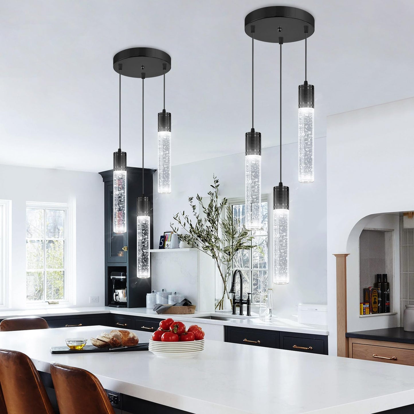 Dolria 3-Lights Pendants Light For Kitchen Island Chandeliers Dining Room Pendant Lighting Fixture Bubble Crystal Ceiling Hanging Lights Bedroom Island Kitchen 6000K White Light Fixtures Black