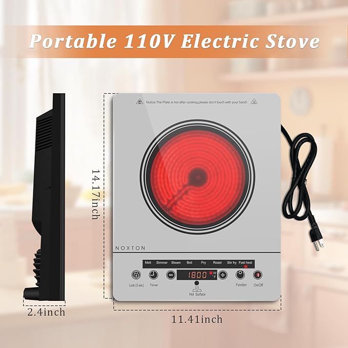 Noxton Portable Electric Stove 110V, 1800W Single Burner Electric Cooktop, Countertop Burner Electri Hot Plate, 4 Hour Timer, 9 Power Level, Child Safety Lock, Compatible with All Cookware(Grey)