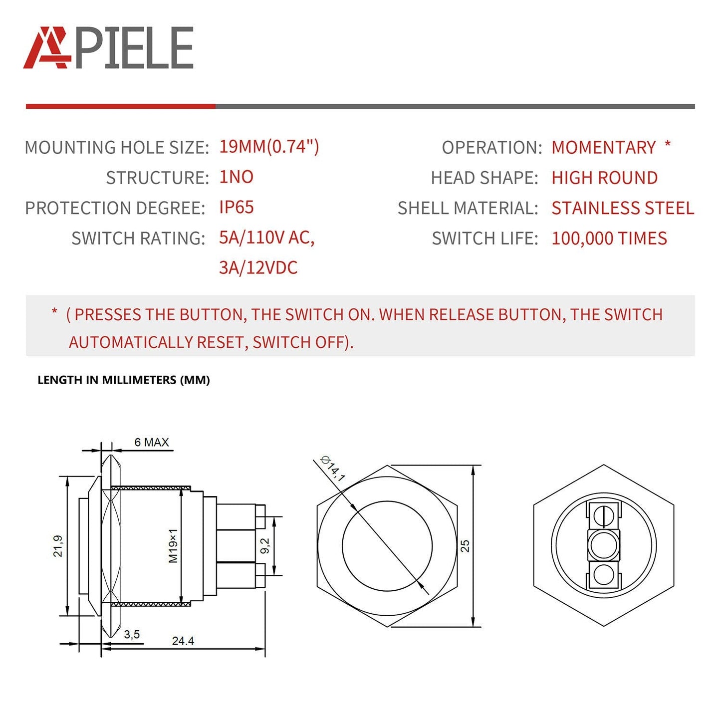 APIELE 19mm Momentary Push Button Switch High Round Cap Waterproof Stainless Steel Metal High Flush Screw Terminals 250V 5A 1NO SPST (Pack of 2)