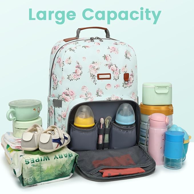 Diaper Bag Backpack, Large Baby Nappy Bags with Portable Changing Pad for Boys and GirlsMultifunction Travel Baby Bag for Moms Dads, Shower Gifts Waterproof and Stylish，Flower Green