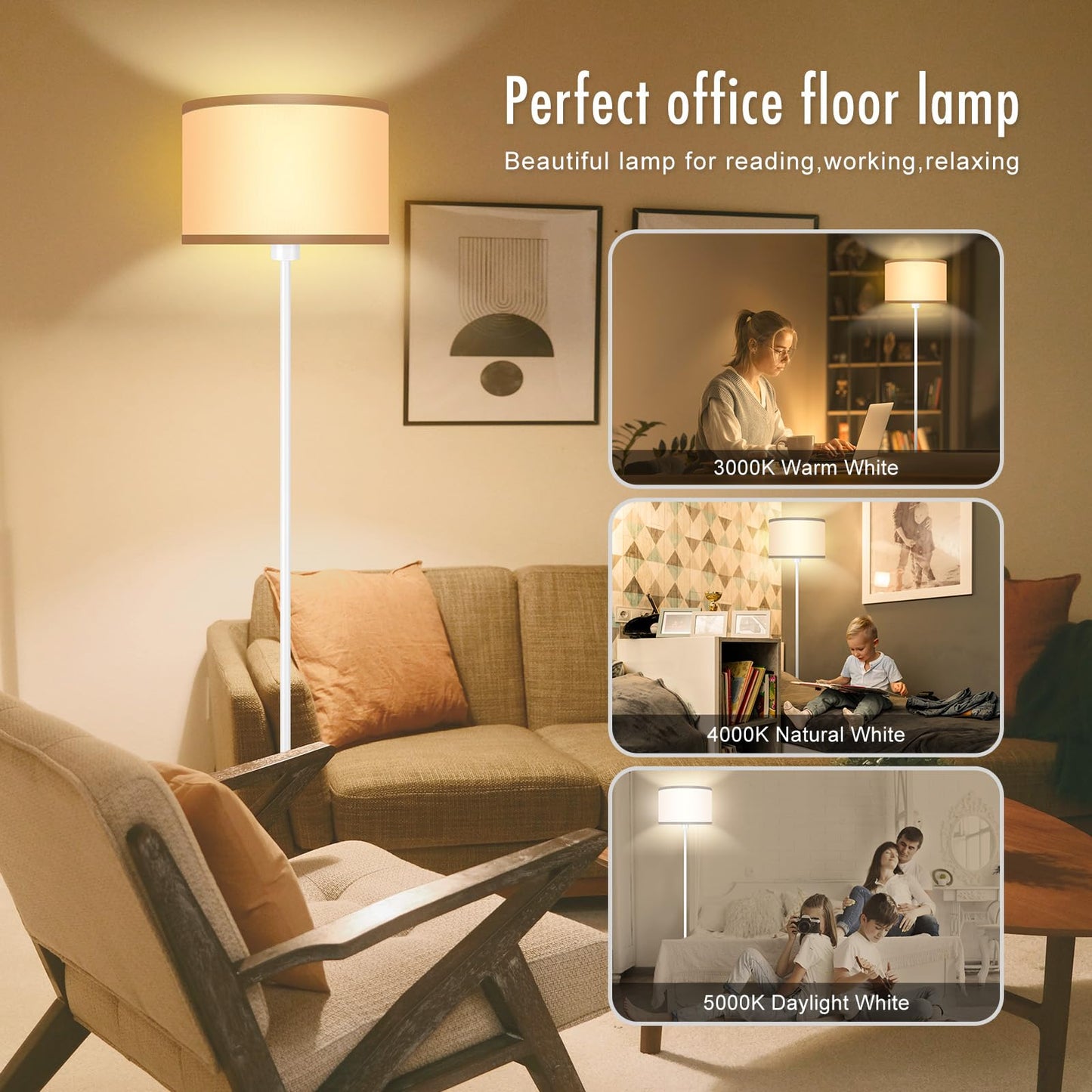 Floor Lamp White  Standing Lamp  58  Tall Floor Lamp With Lampshade  Foot Pedal Switch  Modern Small Floor Lamps For Living Room/Bedroom/Classroom/Kids Room  White Lamp For Girls  Gift(Without Bulb)