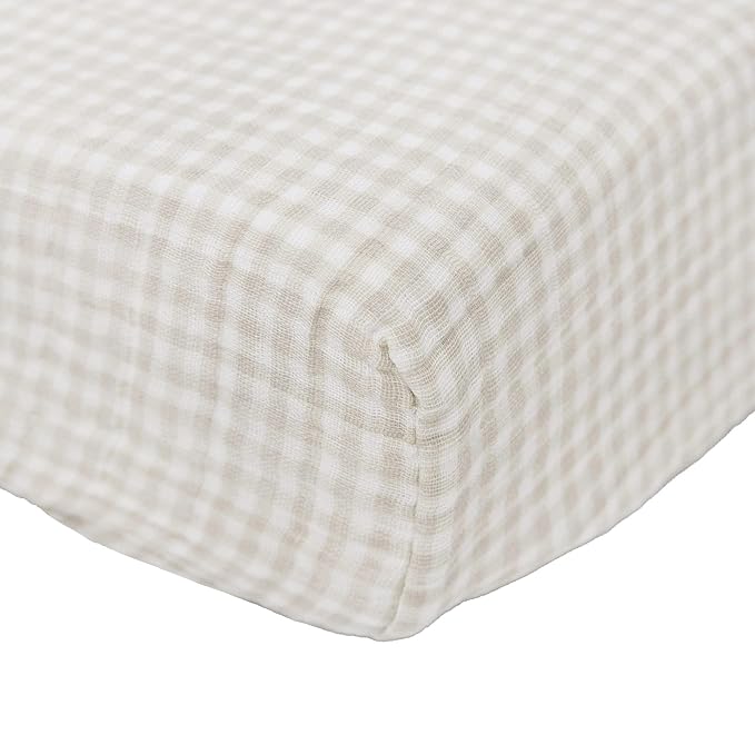 Little Unicorn Premium Changing Pad Cover | Extra Soft & Breathable Muslin Fabric (Tan Gingham)