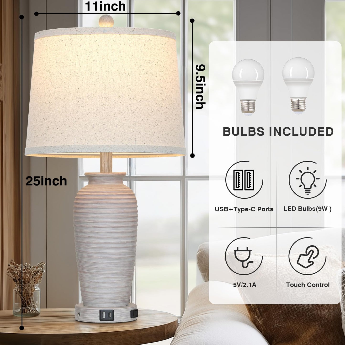 CINSARY 25in Vintage Farmhouse Table Lamp with USB Ports & AC Outlet, Grey White, Resin, Model TD-CS-328-1PK