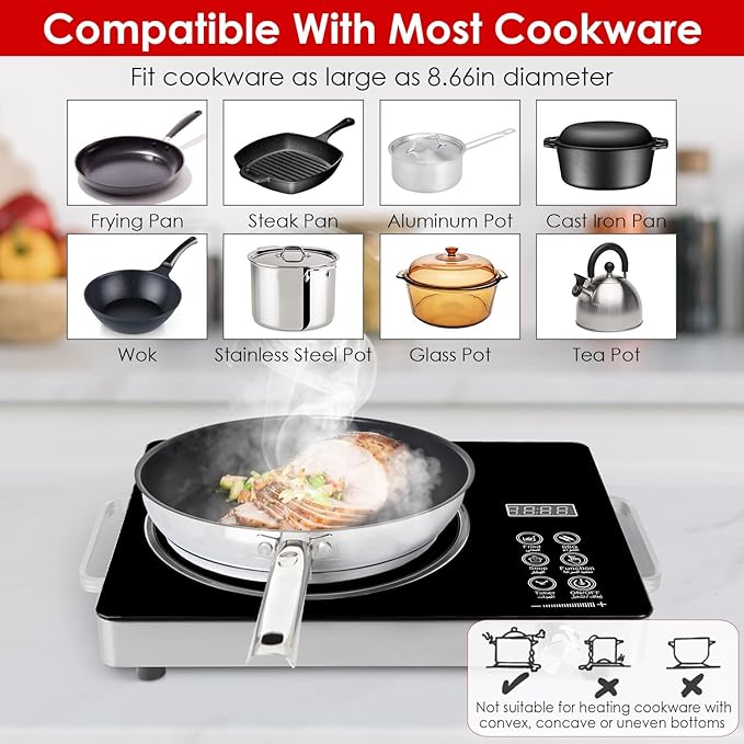 Infrared Electric Cooktop, 3500W Ceramic Single Hot Plates for Countertop, 12 Power Levels 0-3H Timer, Portable Handle, LED Display, Portable Stove for Home RV Camping(Black)