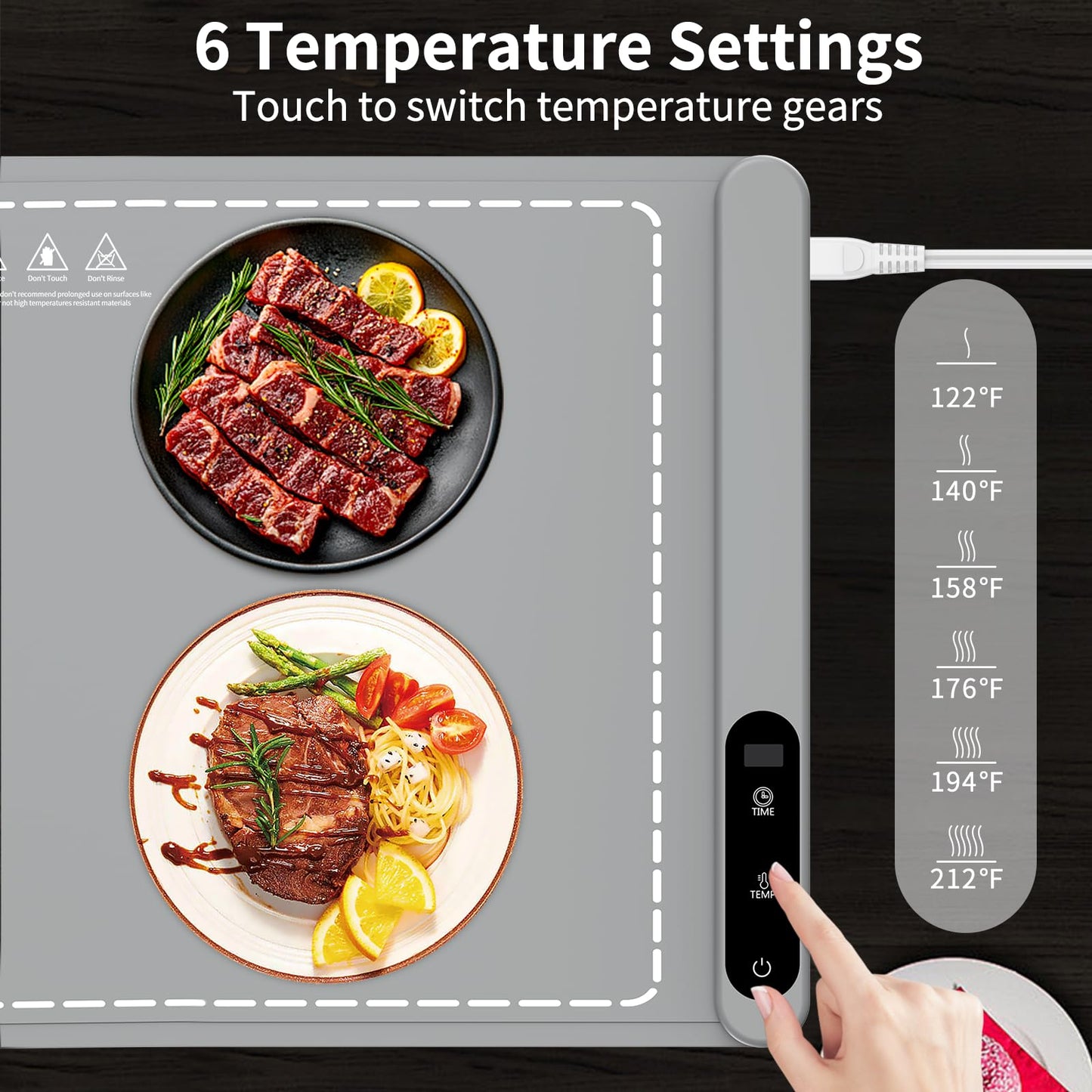Mangoin Food Warming Mat Extra Large, Electric Warming Tray with 6 Temperature Settings and Hours Timer, Full Surface Heating Food Warmer Mat, Silicone Heating Tray for Gatherings Parties, Grey