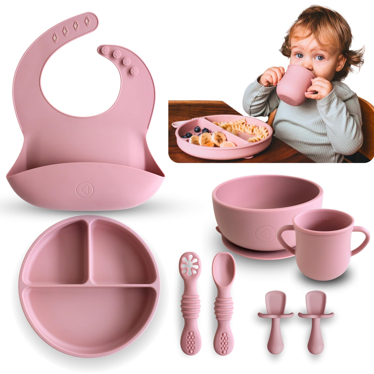 BPA-Free Silicone Baby Feeding Set – Baby Utensils 6–12 Months, Suction Plate & Bowl, Cup, Bib & Training Spoons | Food Grade Silicone, Dishwasher Safe Baby Eating Set