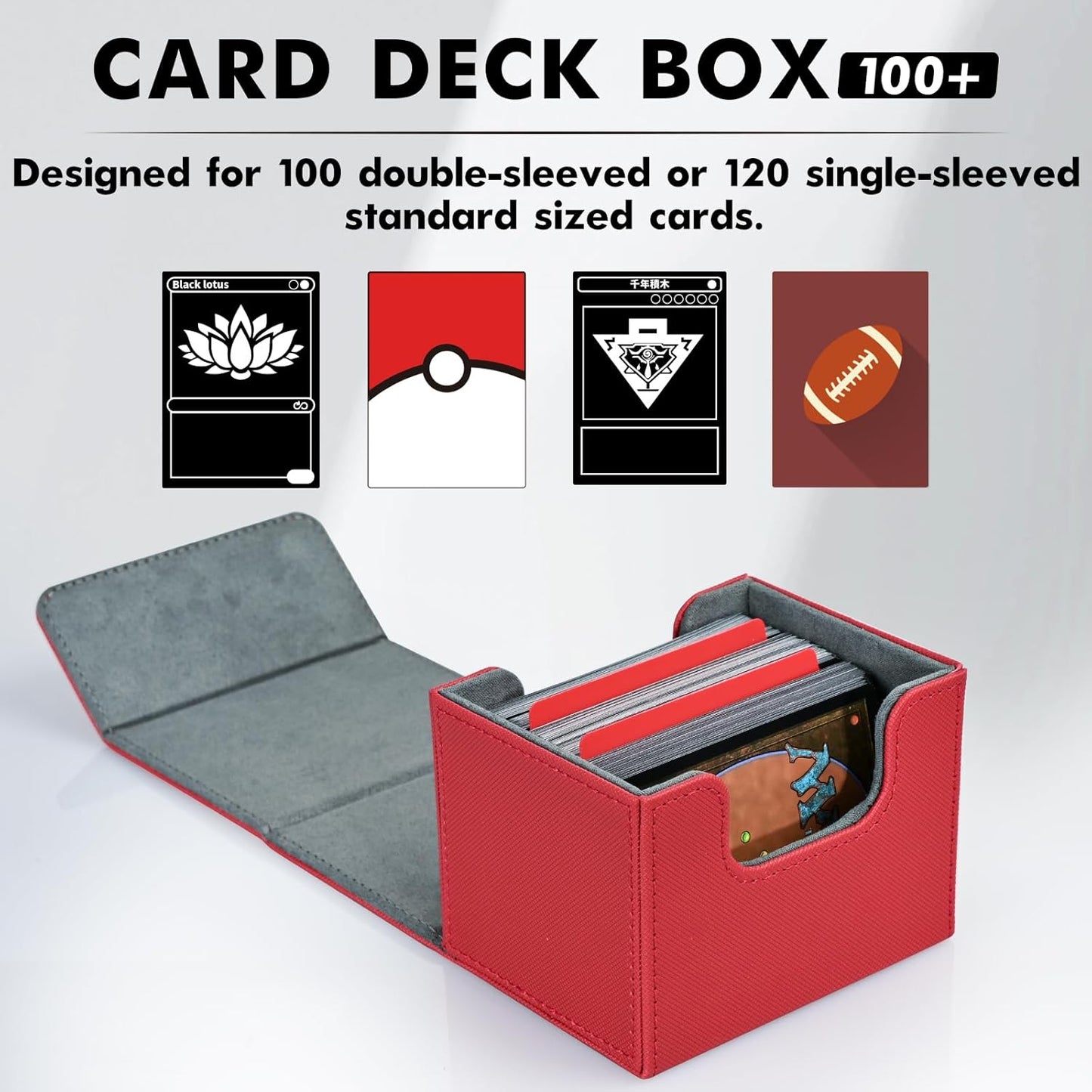 ZLCA Card Deck Box for Trading Cards, MTG Commander Deck Box Holds 120+ Single Sleeved, Leather Magnetic Card Storage Case Fits for TCG CCG Magic(Red)