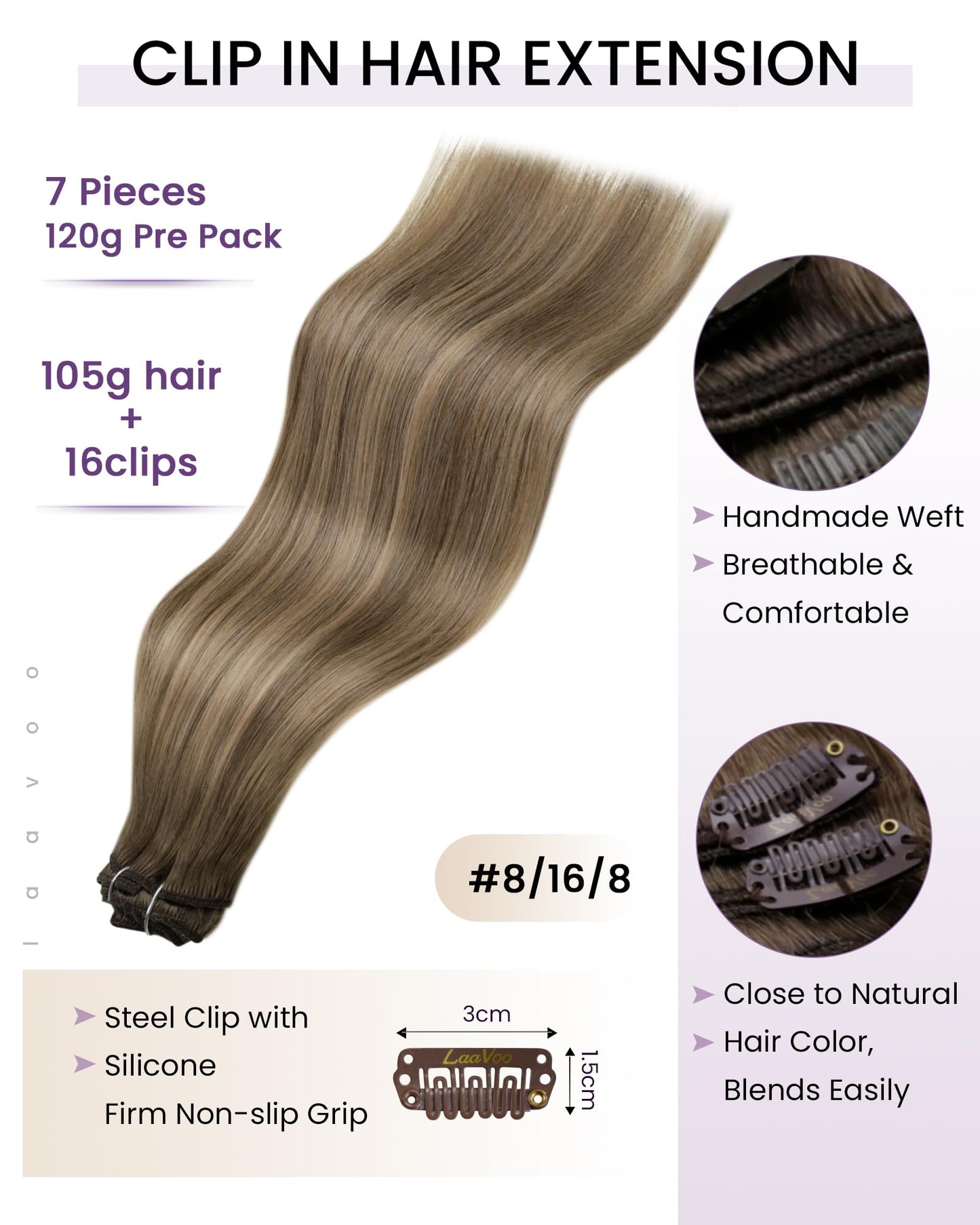 LaaVoo Brown Clip in Hair Extensions Real Human Hair Light Brown To Golden Blonde Balayage Hair Extensions Real Human Hair Clip