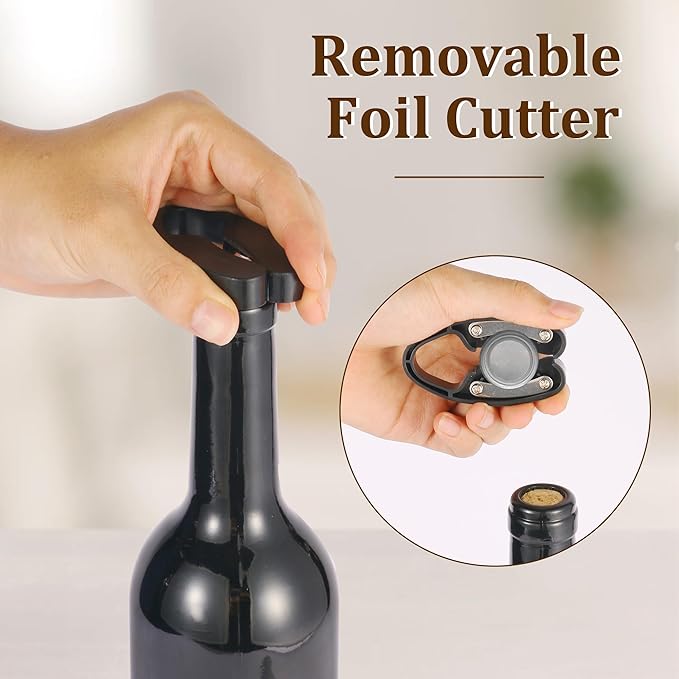 Wine Bottle Corkscrew Opener, Vertical Lever Corkscrew 5-Piece Set, Manual Vertical Design, Includes Wine Foil Cutter, Extra Spiral, Wine Pourer and Wine Stopper, Elegant Gift Box, Black