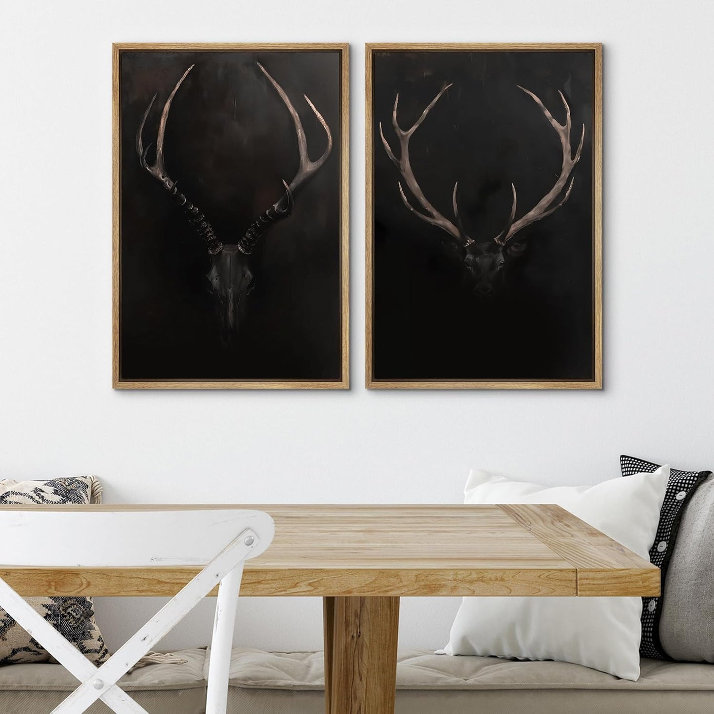 SIGNWIN Framed Canvas Print Wall Art Rustic Antler Skull Dark Dramatic Black Vintage-Inspired Deer and Elk Antlers Illustrations Decorative for Living Room, Bedroom, Office - 16"x24"x2 Natural