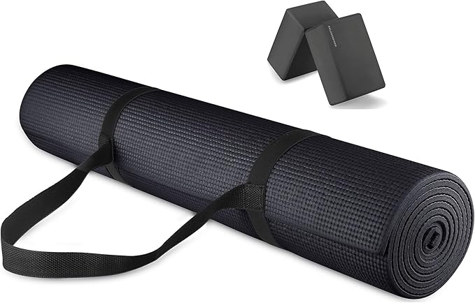 Signature Fitness All Purpose 0.25 Inch Thick High Density No Tear Exercise Yoga Mat with Strap & Lightweight Features for...