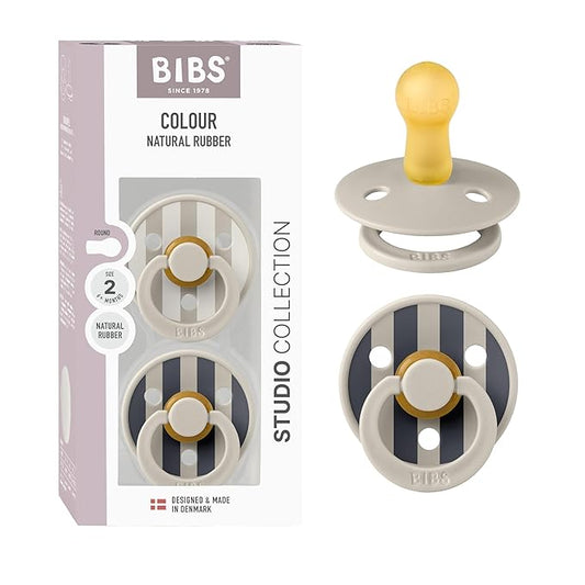 BIBS Pacifiers - Studio 2 Pack | Round Nipple Baby Pacifier | BPA Free Natural Rubber Latex Soother | Made in Denmark | Size 6+ Months | Block Sand