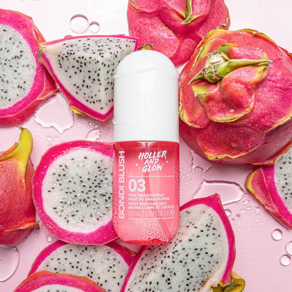 Holler and Glow Bondi Blush Pink Dragonfruit Body & Hair Mist, Body Spray For Women, Hair Perfume For Women, Jasmine, Amber Scented, Floral & Tropical, Travel Sized, 3.38 Fl Oz