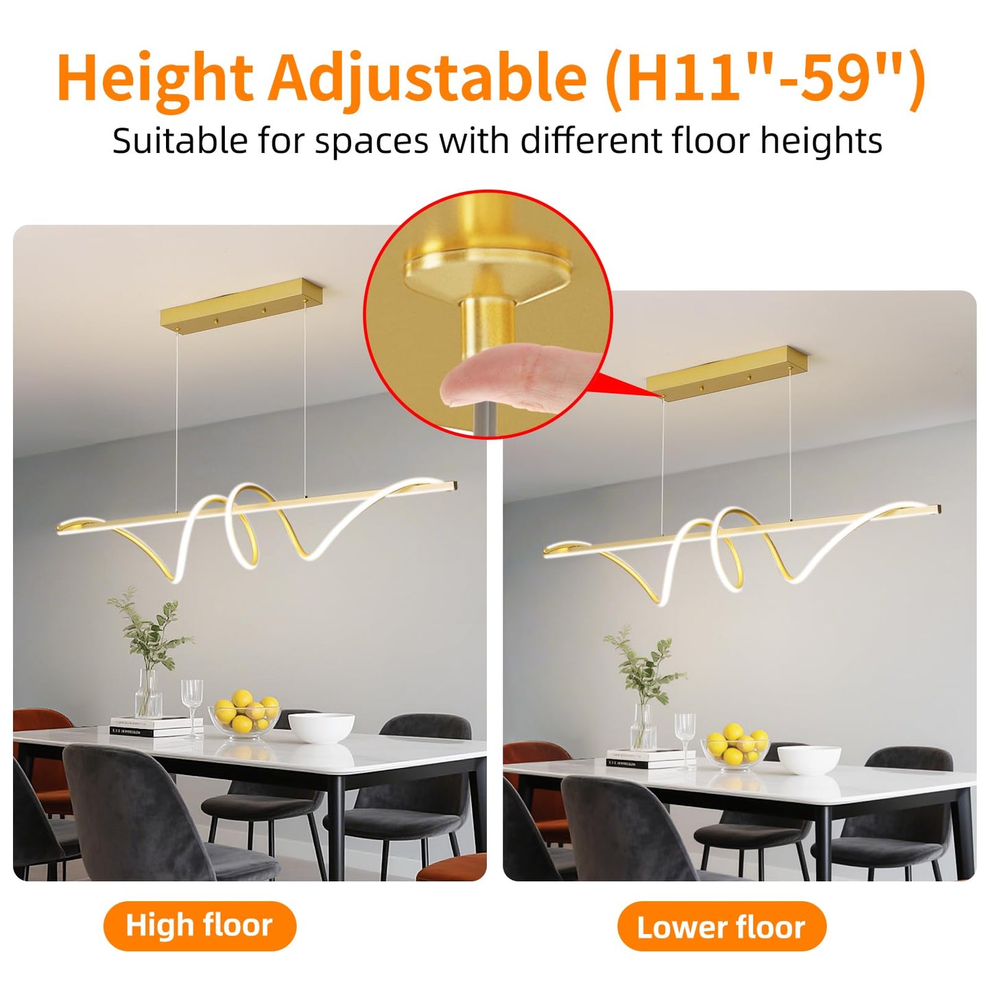 Mikeru Modern LED Pendant Light, Dimmable Chandelier 59in, Aluminum, Gold, Model LX-120, Adjustable Color Temperature 3000K-6500K