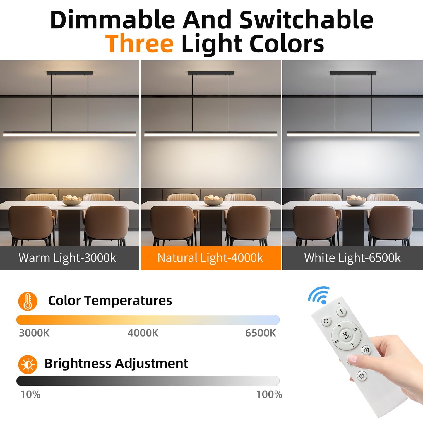 Mikeru Modern Linear Pendant Light, 39IN, Aluminum, Remote Control, 3000K-6500K Adjustable Color Temperature, B-Black