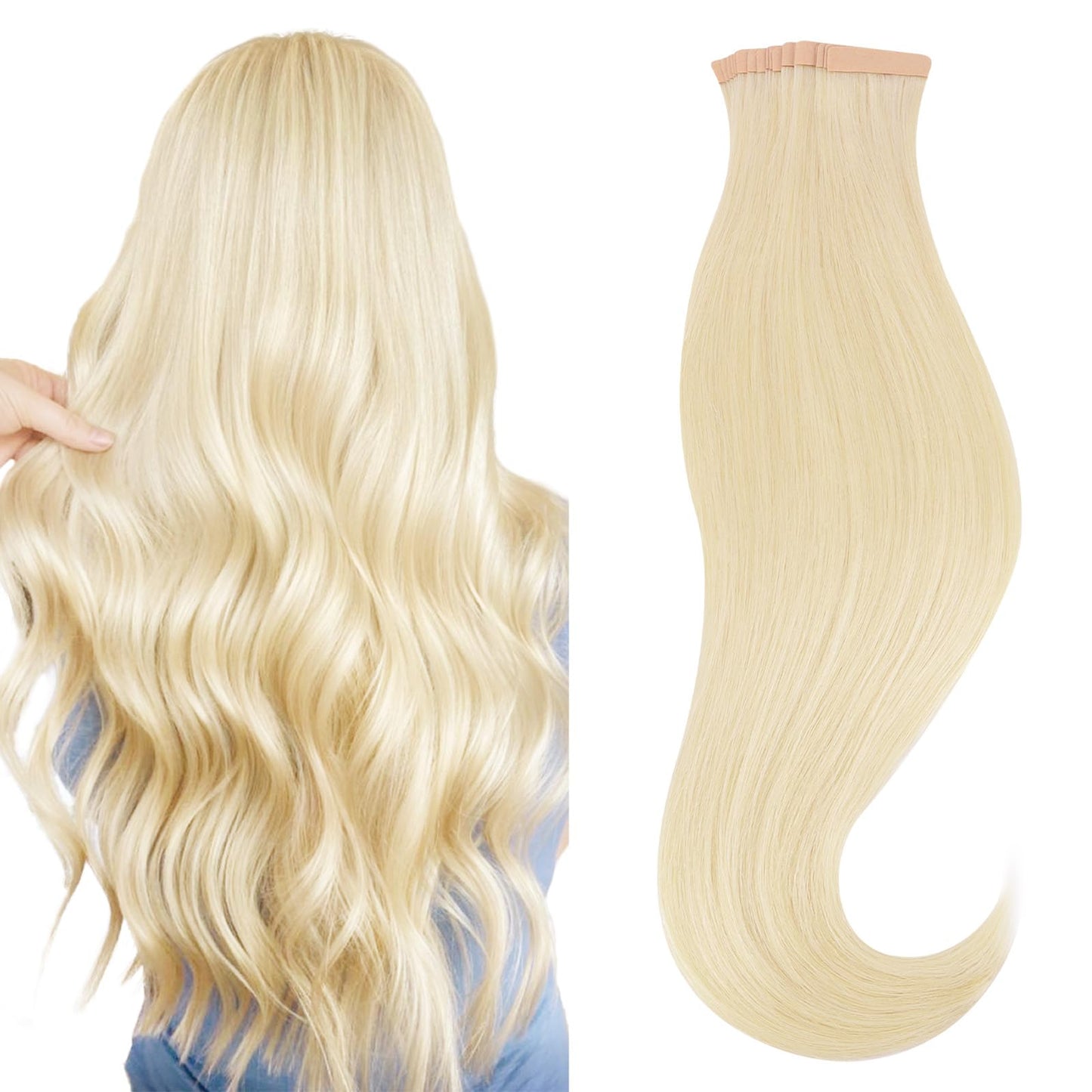 HOTBANANA Tape in Hair Extensions, 14 Inch Tape in Hair Extensions Human Hair 20pcs 50g Platinum Blonde Tape Hair Extensions Str