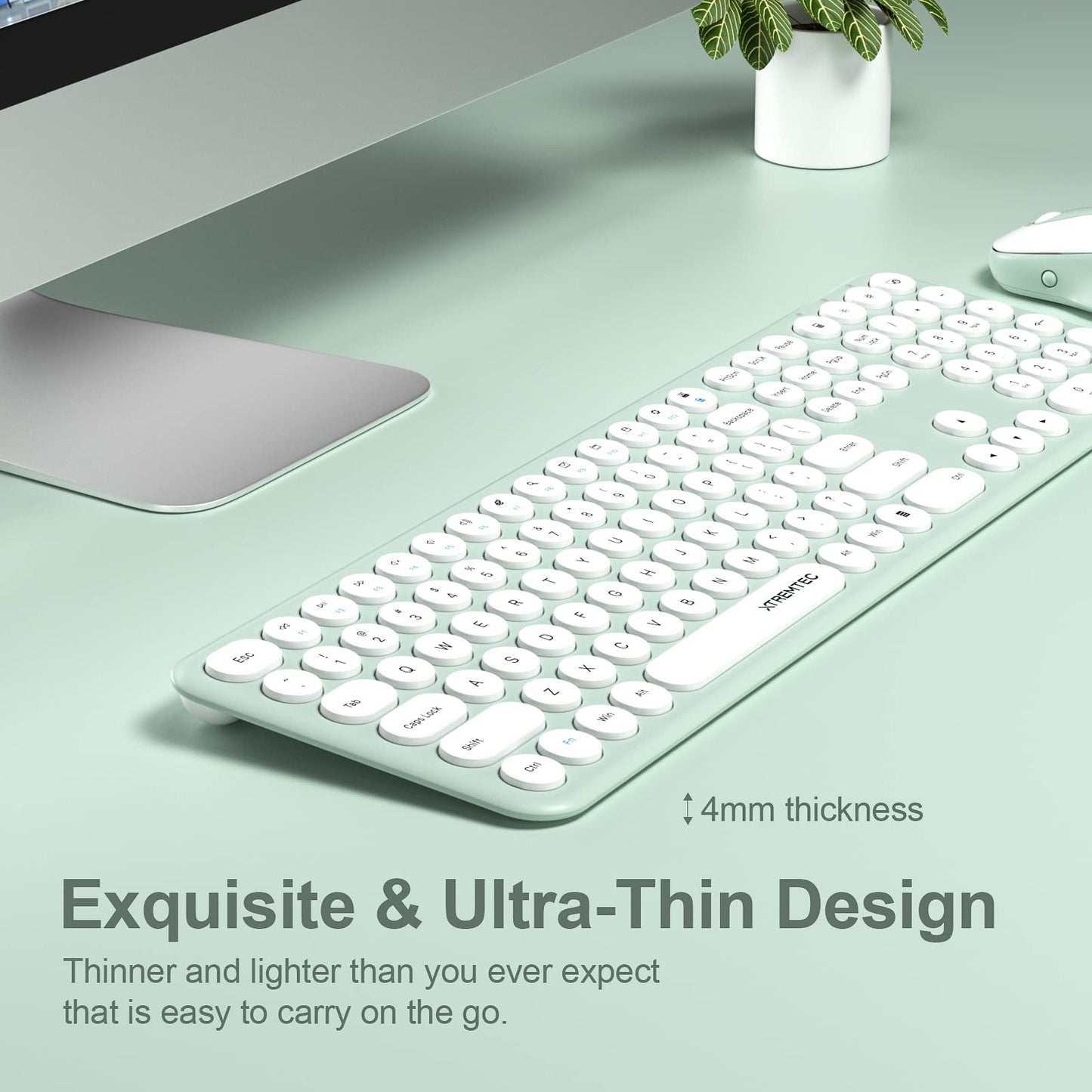 Xtremtec Wireless Keyboard And Mouse, Cute Retro Round Keycap - 2.4Ghz Ultra-Slim Quiet Aesthetic Keyboard For Mac Computer Lapt