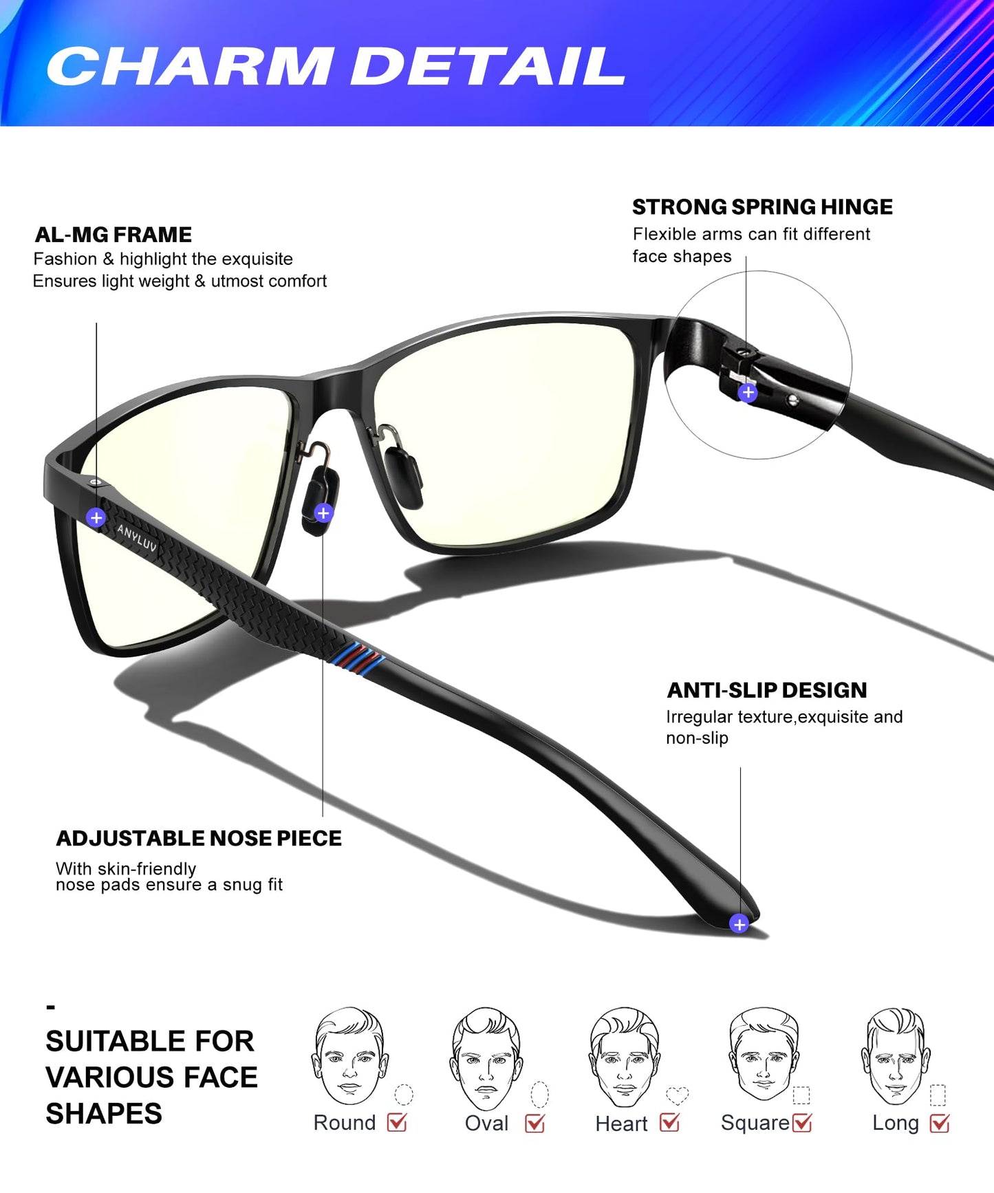 ANYLUV Blue Light Glasses Men/Women, Al-Mg Working Blue Light Blocking Glasses, Relieve Eyestrain Eye Protection-Black